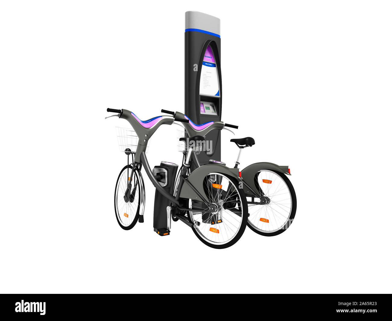 Louer des vélos à travers le téléphone pour un rendu 3D marche sur fond blanc aucune ombre Banque D'Images
