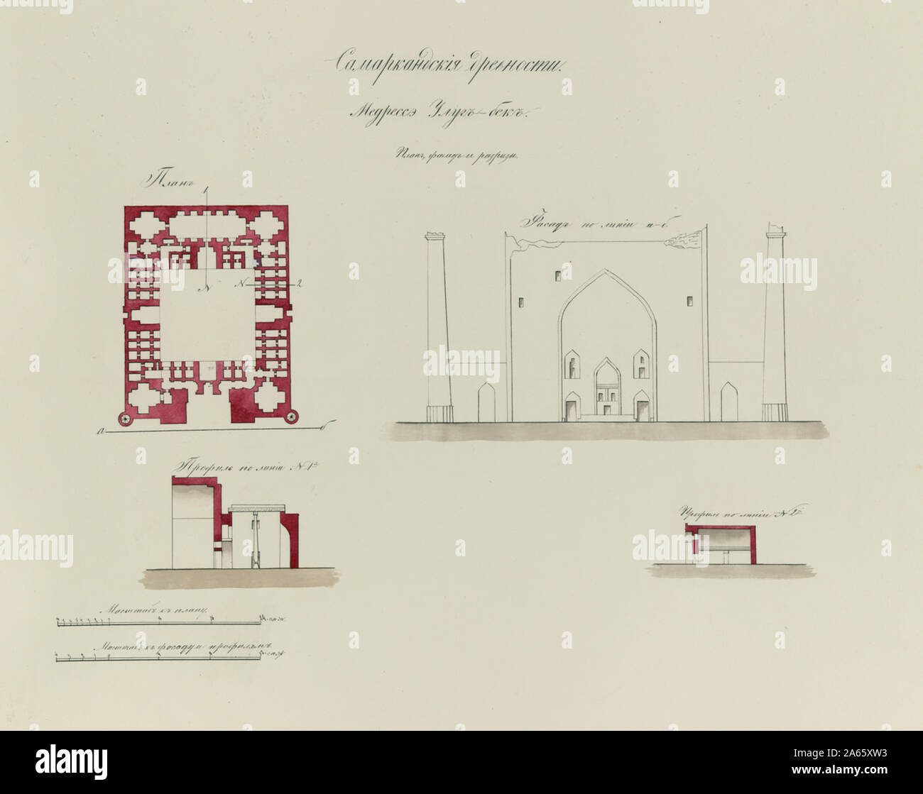 Antiquités de Samarkand Madrasah de Ulugh Beg, élévation, Plan et Sections Banque D'Images