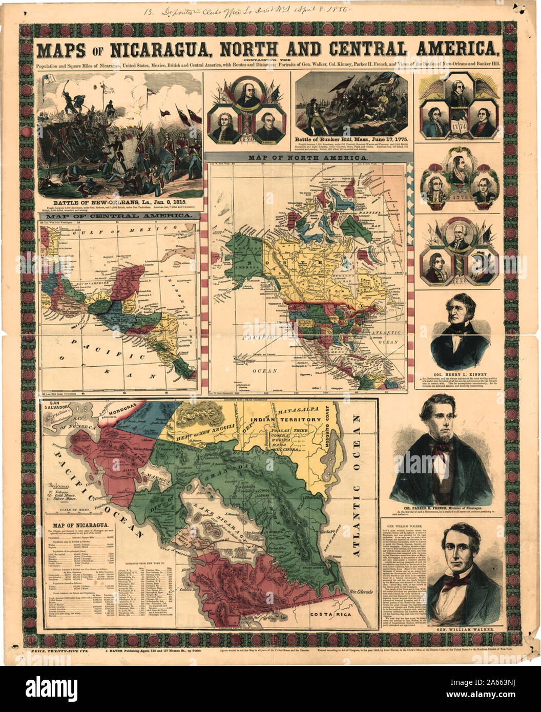 Cartes du Nicaragua, Amérique du Nord et en Amérique centrale- Population et de milles carrés du Nicaragua, du Mexique et des États-Unis, de la Grande-Bretagne et de l'Amérique centrale, avec des itinéraires et Distances ; Portraits du général Walker, Banque D'Images