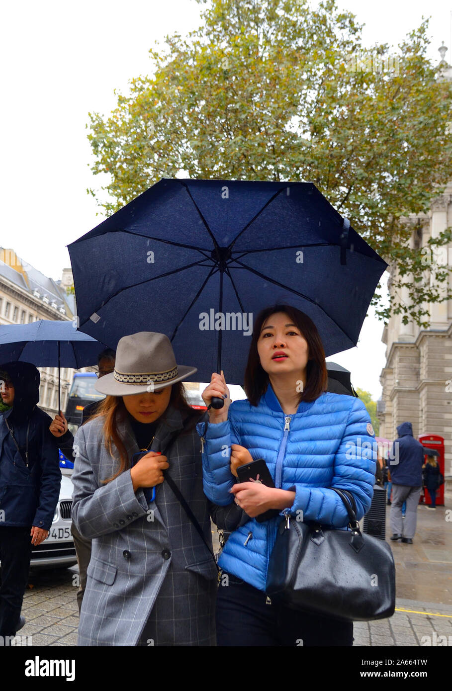 Londres, Angleterre, Royaume-Uni. Les touristes japonais avec un parapluie un jour de pluie Banque D'Images