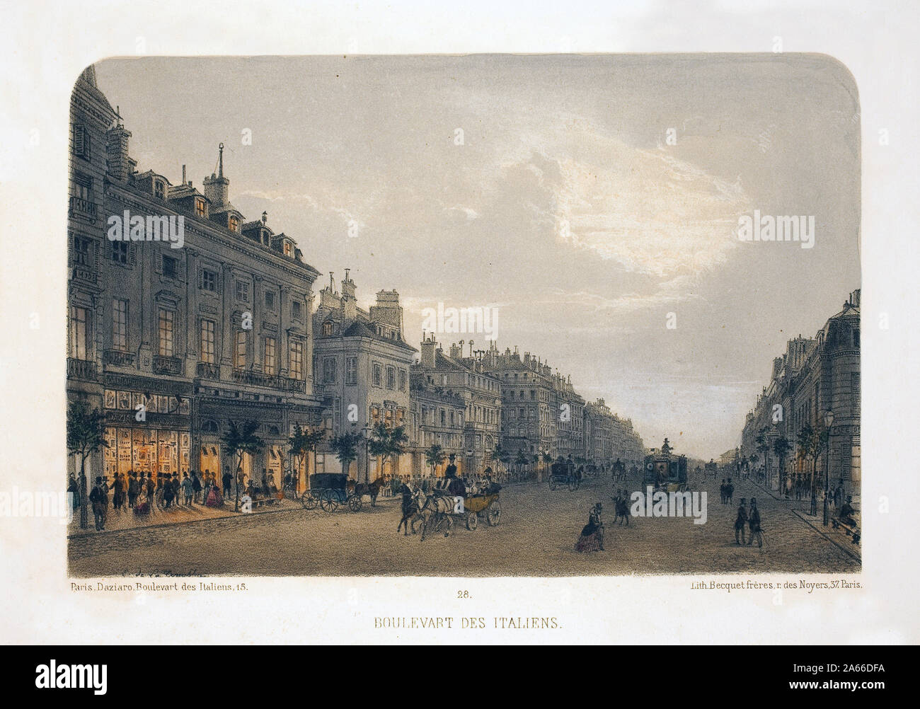 Boulevard des Italiens, Paris. Lithographie aquarellee, illustration de F.de la Tramblaiz, dans 'Album, souvenirs de Paris' Daziaro, Editeur, Paris, 188 Banque D'Images