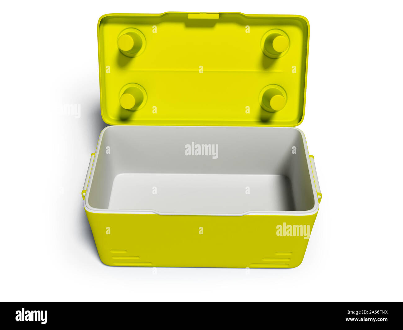 Portable ouvert jaune réfrigérateur pour boissons sur la plage de rendu 3D sur fond blanc avec ombre Banque D'Images