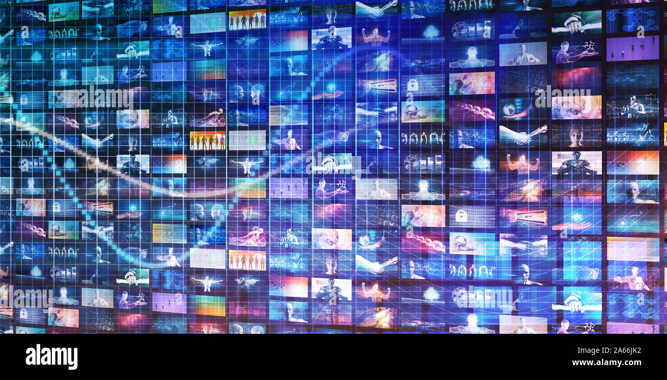 Concept de télécommunications multimédia avec la vidéo l'Art de mur Banque D'Images