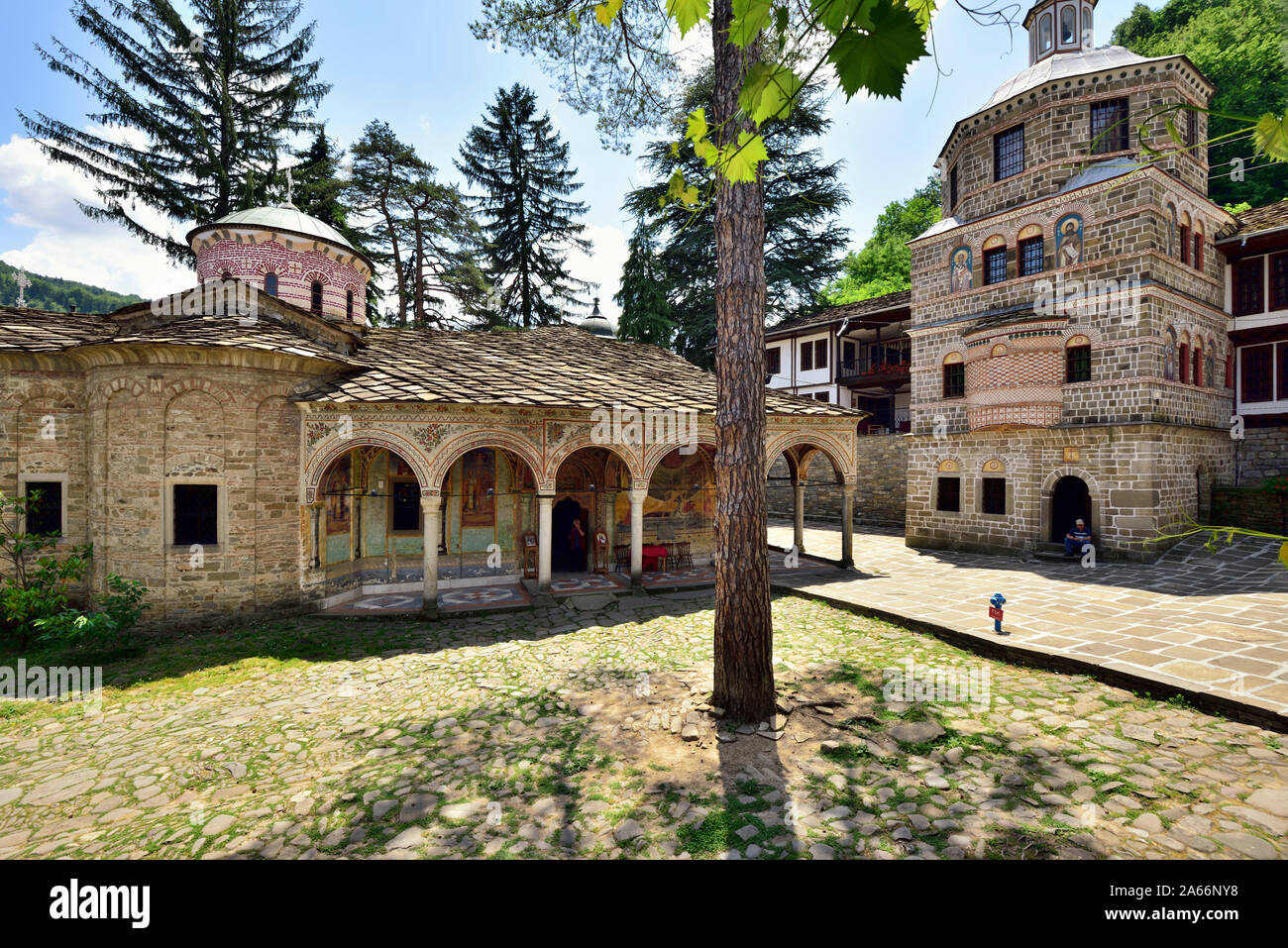 Le monastère de Troyan (Monastère de la Dormition de la Mère de Dieu) est le troisième plus grand monastère de Bulgarie. Il est situé dans les montagnes des Balkans et a été fondé au 16ème siècle. L'extérieur peintures murales ont été peintes par Zahari Zograf. Bulgarie Banque D'Images