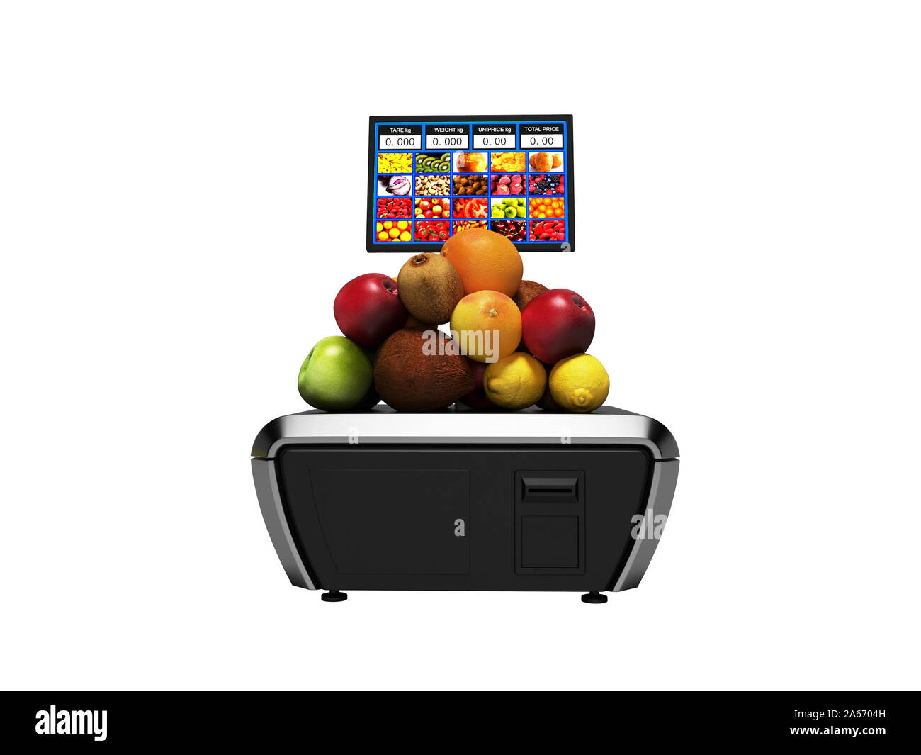 Des niveaux de gris pour différents fruits en supermarché avec étiquette de prix rendu 3D sur fond blanc aucune ombre Banque D'Images