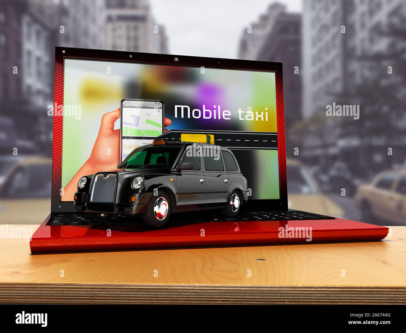 Commande en ligne par taxi Concept rendu 3D de la ville d'arrière-plan Banque D'Images