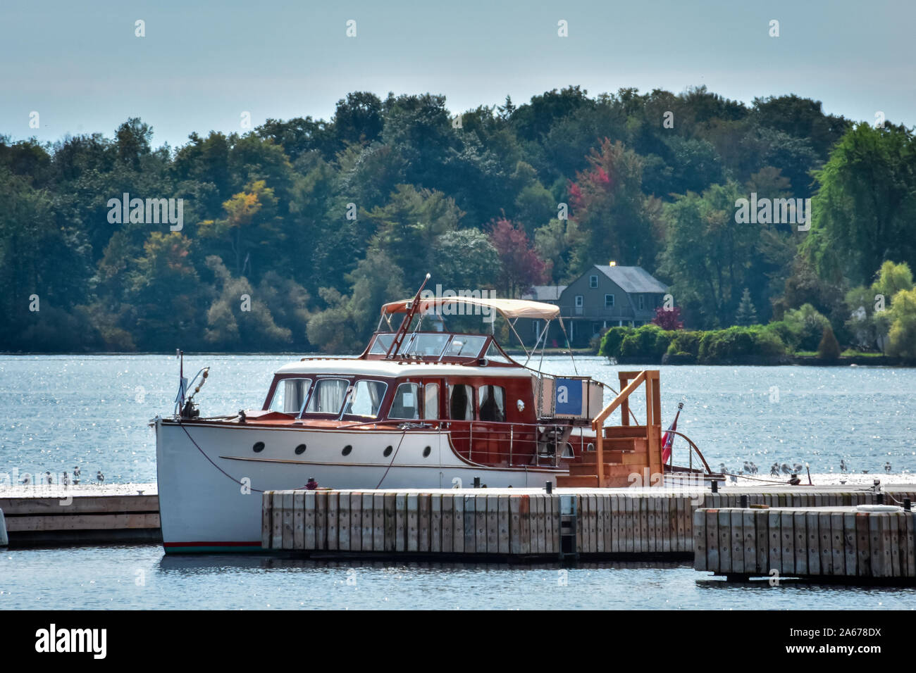 Yacht classique dans le dock. Le lac Ontario à l'automne. Des arbres colorés. Canada, États-Unis d'Amérique. Banque D'Images