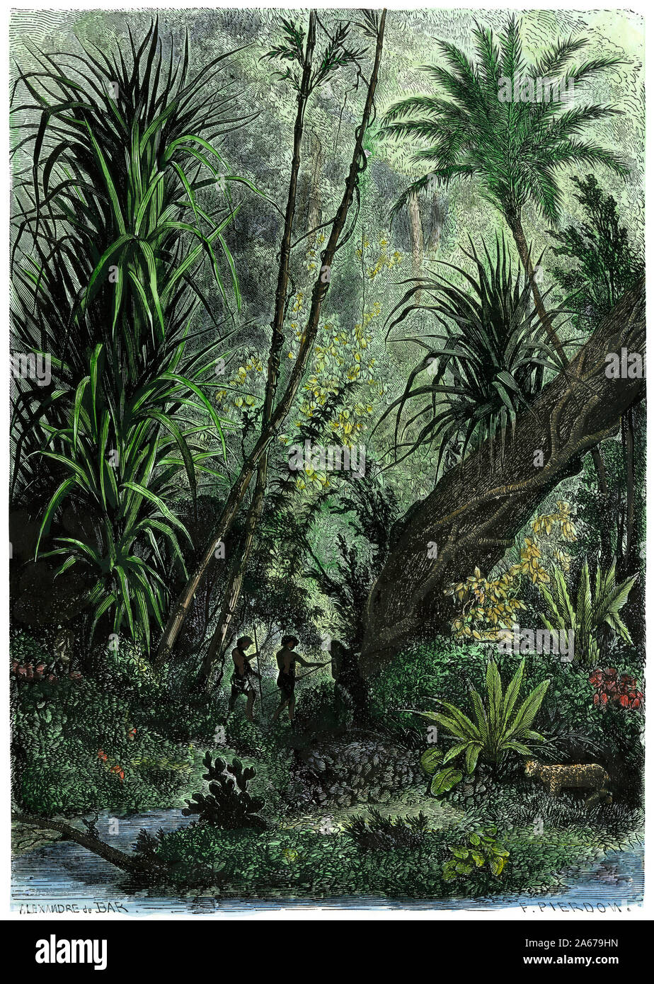 Peuple Taino indigène dans les forêts de Cuba avant Christophe Colomb. À la main, gravure sur bois Banque D'Images