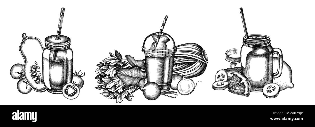 Bouquet de fleurs noir et blanc citrons, radis, tomates cerises, potiron, coupe du smoothie, smothie pots, le concombre, le céleri images illustrations Illustration de Vecteur