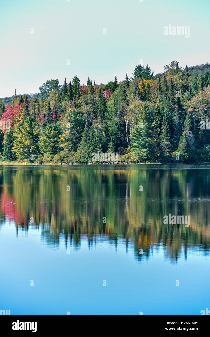 Paysage de forêt d'automne et de réflexion dans le lac. Le Parc National de la Mauricie, Canada. Banque D'Images