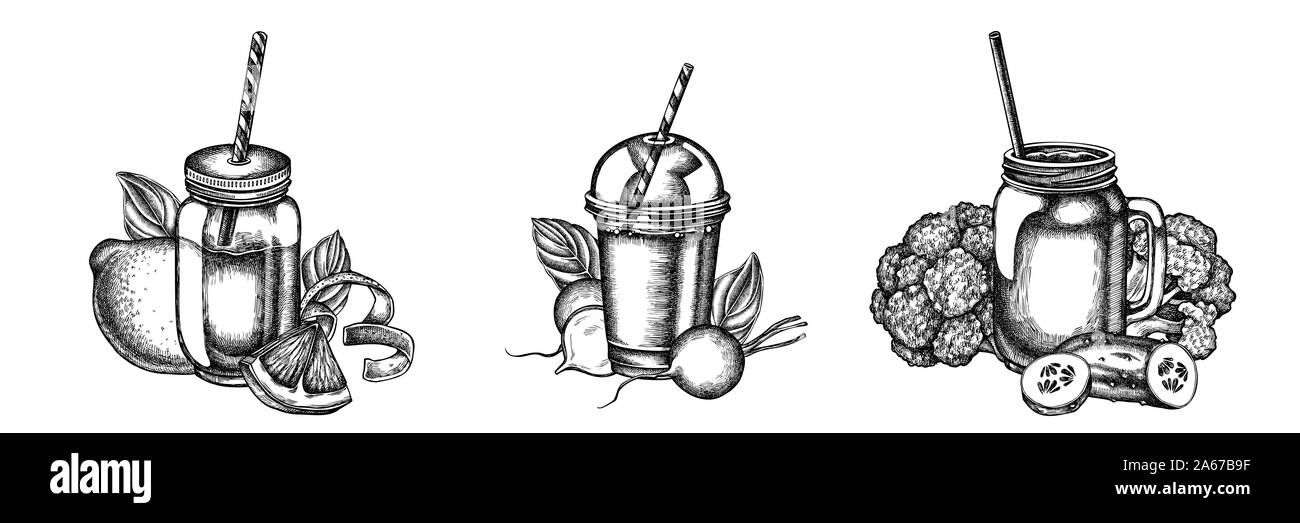 Bouquet de fleurs noir et blanc citrons, brocoli, radis, basilic, tasse, smothie smoothie concombre, pots stock illustration Illustration de Vecteur