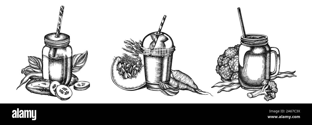 Bouquet de fleurs de brocoli en noir et blanc, haricot vert, carotte, citrouille, calendula, tasse, smothie smoothie concombre, pots stock illustration Illustration de Vecteur