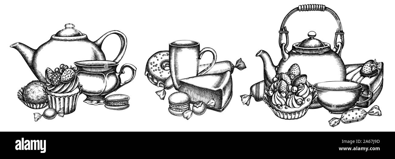 Bouquet de fleurs noir et blanc macaron, bonbons, gâteau au fromage, cupcake, théières, tasses, gâteau, Gâteau Truffé de beignets images illustrations Illustration de Vecteur