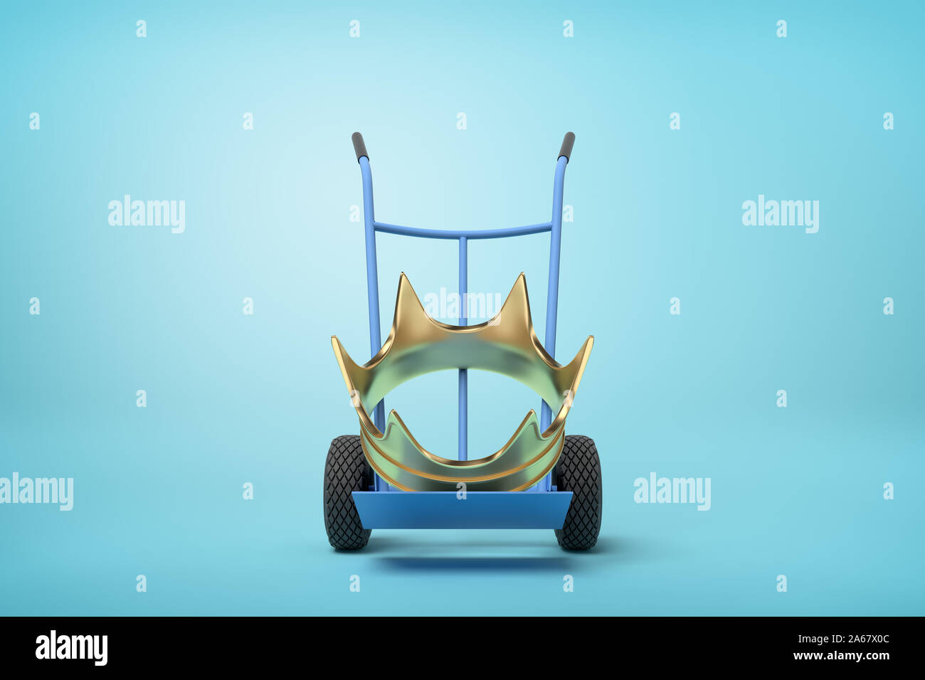 Close-up 3d rendering de grande couronne d'or sur bleu camion de main sur fond bleu. Banque D'Images