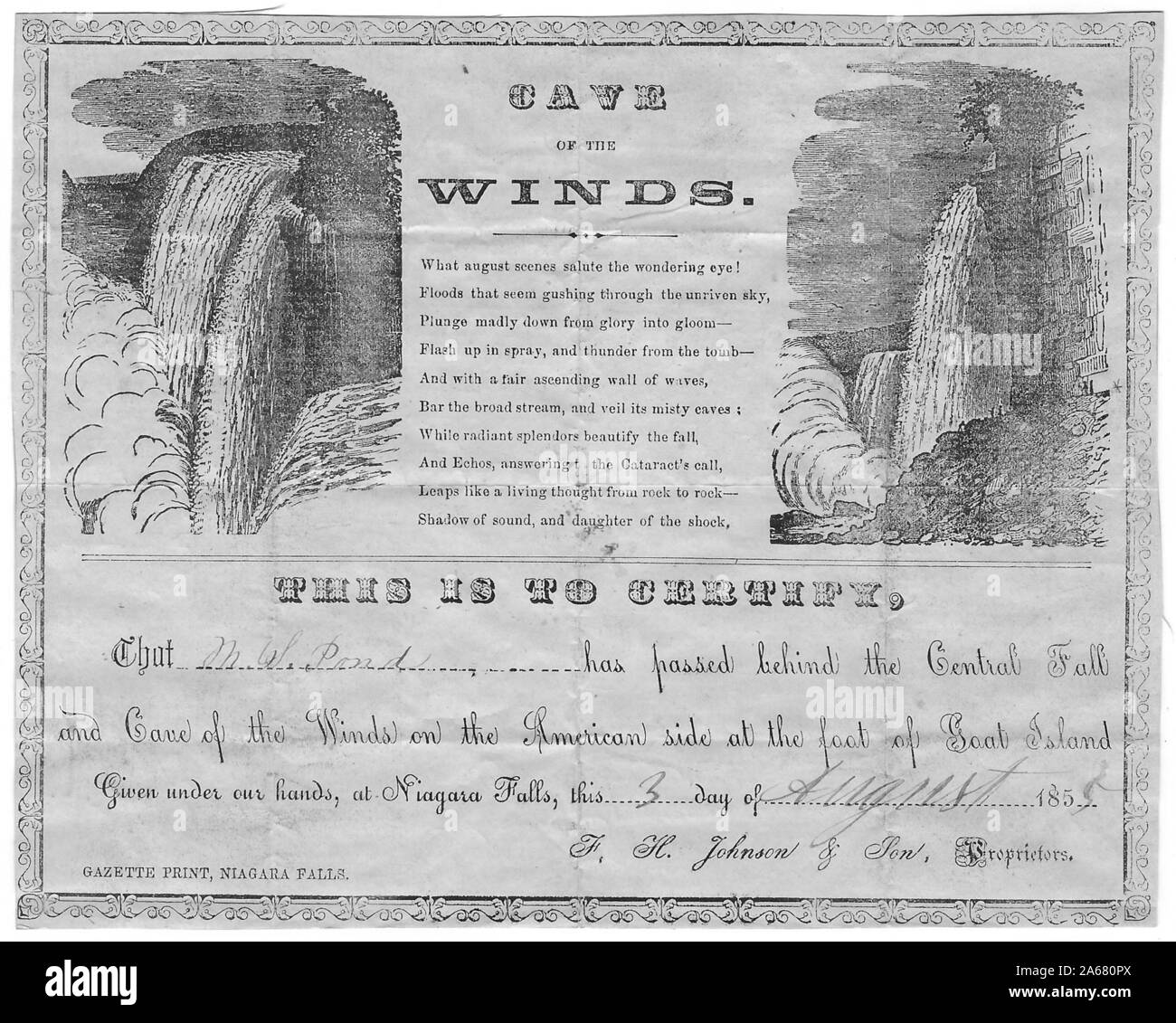 Cave of the Winds certificate indiquant que « M W Pond » a traversé le côté américain des chutes de Nigra » « Cave of the Winds », produit par Gazette Print, Niagara Falls, 1855. () Banque D'Images
