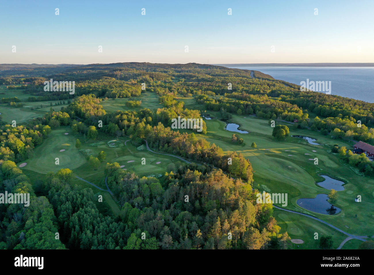 Vue sur le parcours de golf, club de golf de Gränna, Västanå au château.Photo Jeppe Gustafsson Banque D'Images