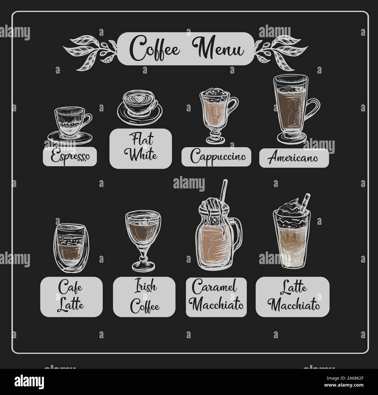 Café menu avec boissons différentes. Vecteur. Illustration de Vecteur