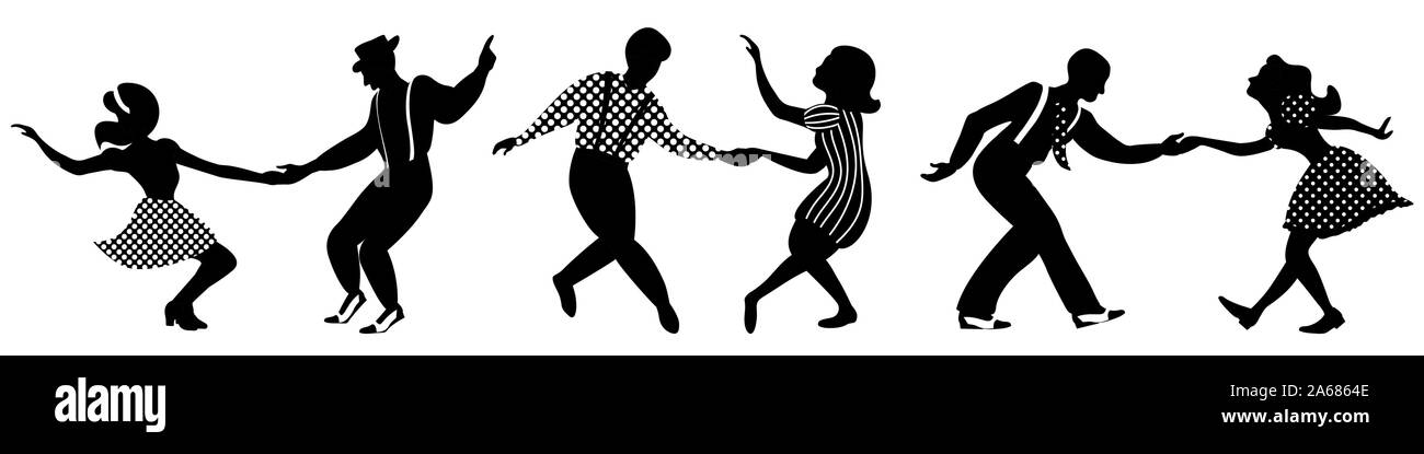 Ensemble de trois couples de danseurs négatif silhouettes sur fond blanc. Les gens en 1940 ou 1950. Vector illustration. Illustration de Vecteur