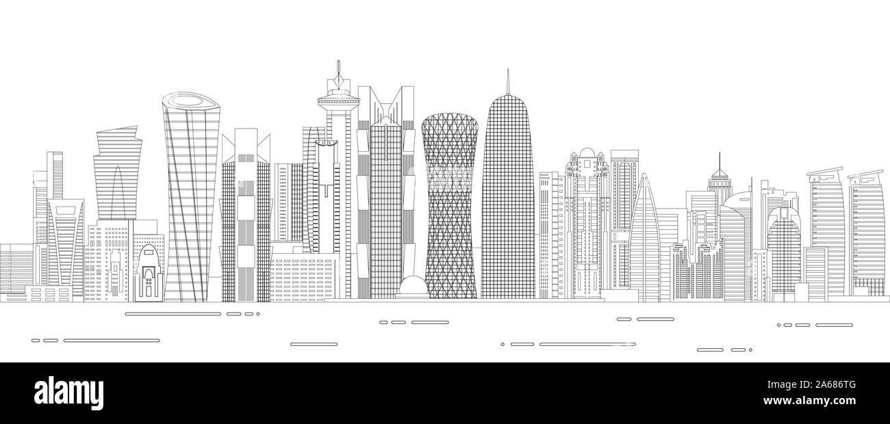 La ville de Doha d'art en ligne détaillée style vector illustration Illustration de Vecteur