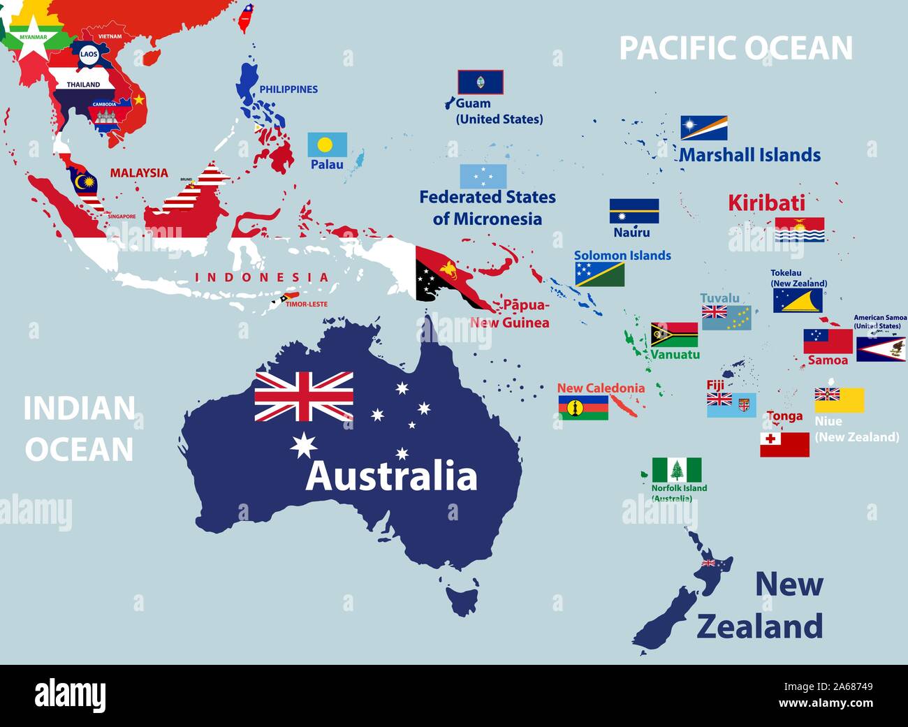 Carte vectorielle de l'Australie, l'Océanie et les pays d'Asie du Sud est mélangé avec leurs drapeaux nationaux Illustration de Vecteur