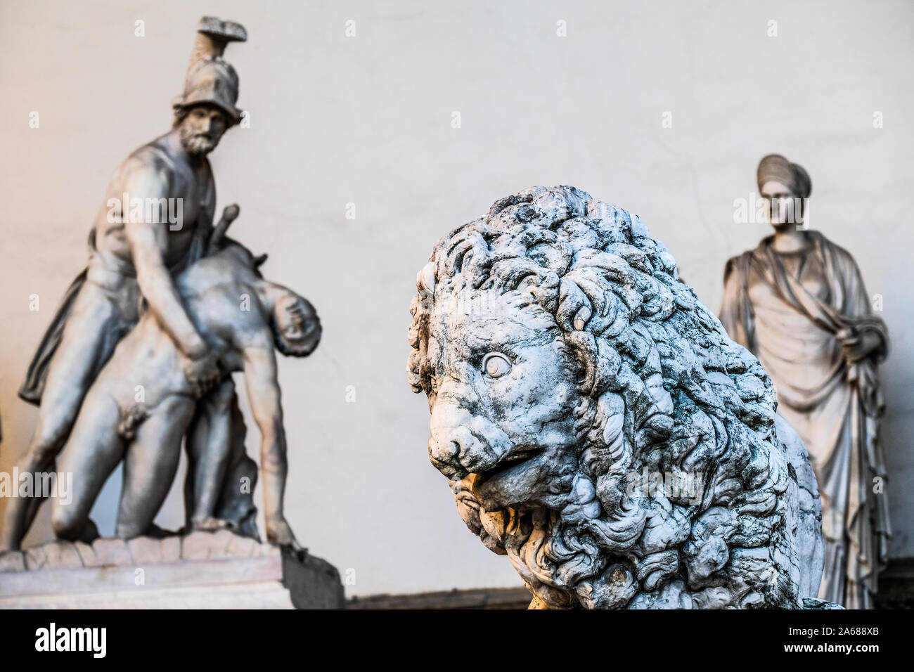 Lion à Loggia dei Lanzi, Piazza della Signoria, Florence, Italie Banque D'Images