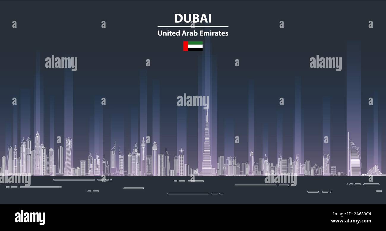 Сityscape à Dubaï night line style art vector illustration détaillée. Arrière-plan de voyage Illustration de Vecteur