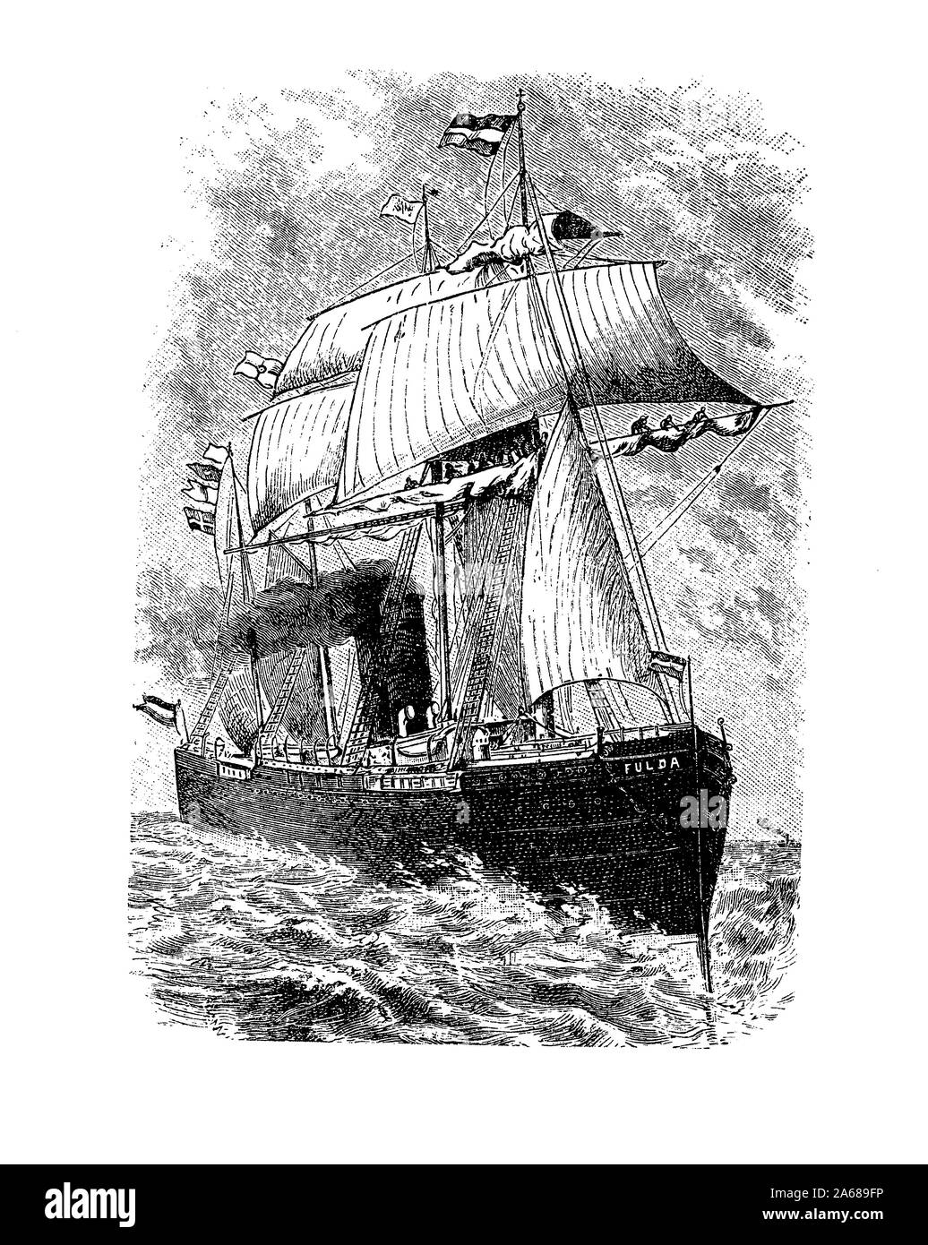 Le navire à vapeur transatlantiques Fulda de la flotte de la compagnie Lloyd de l'Allemagne du Nord, du fret et des passagers hors-bord avec de nombreux salons décorés et la cabine, 19e siècle Banque D'Images