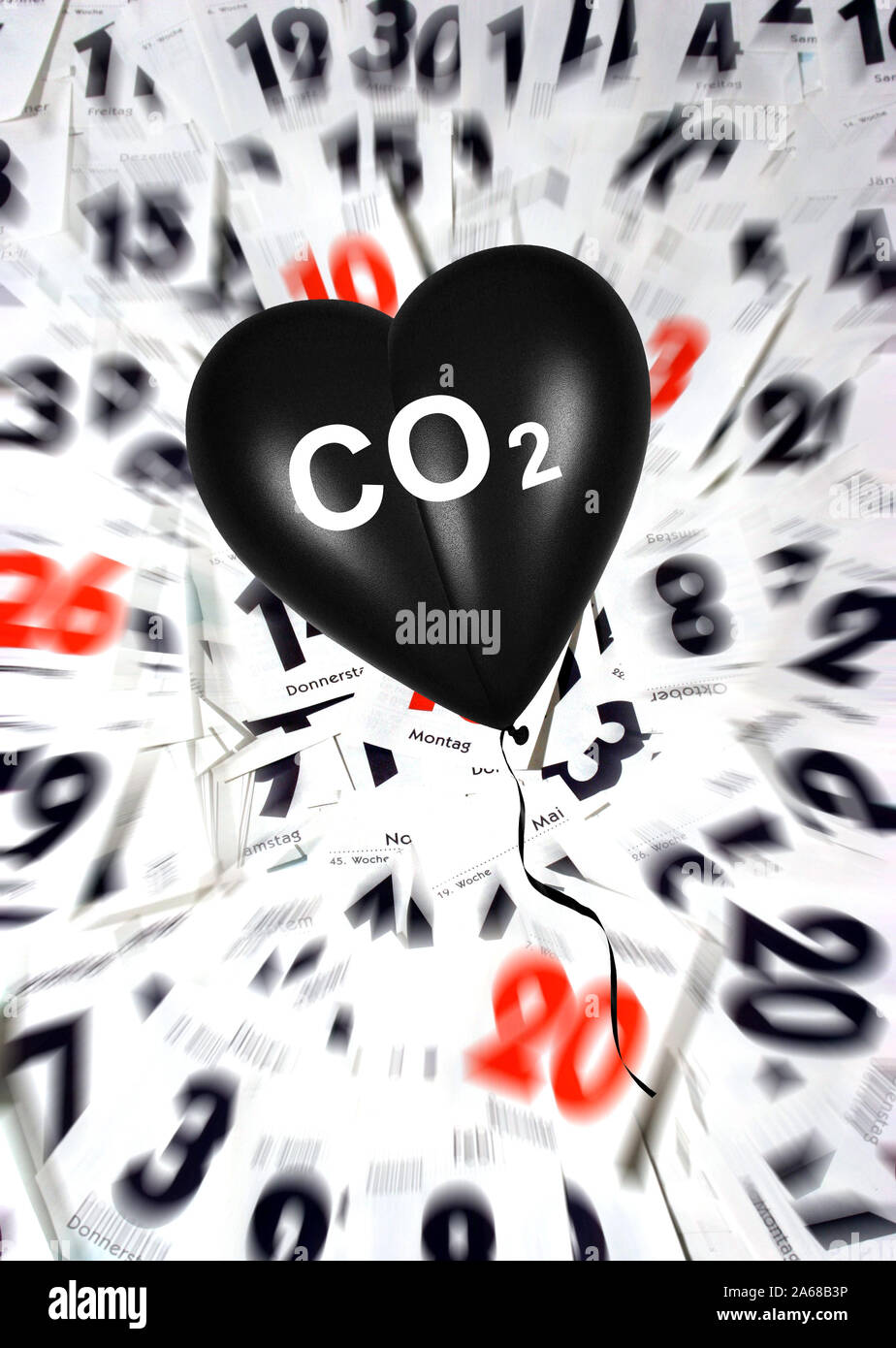 Schwarzes Herz, Luftballon, Herzluftballon, Aufdruck : CO2, Schadstoffe, unbrennbar Atemluft, gaz,, Erkrankung, Umwelt, Umweltverschmutzung,. Kalender, Banque D'Images
