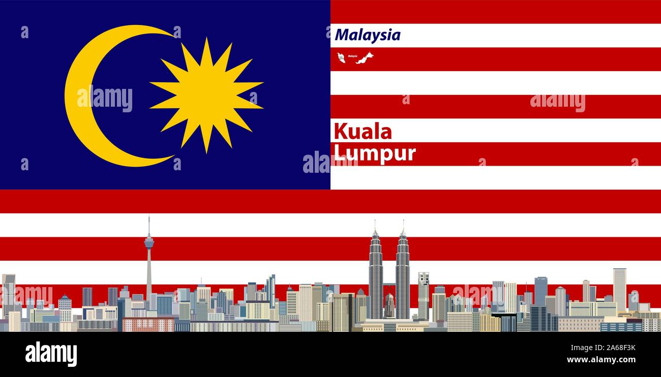 Voyage vecteur avec l'affiche de la ville de Kuala Lumpur skyline silhouette et drapeau de la Malaisie au contexte Illustration de Vecteur