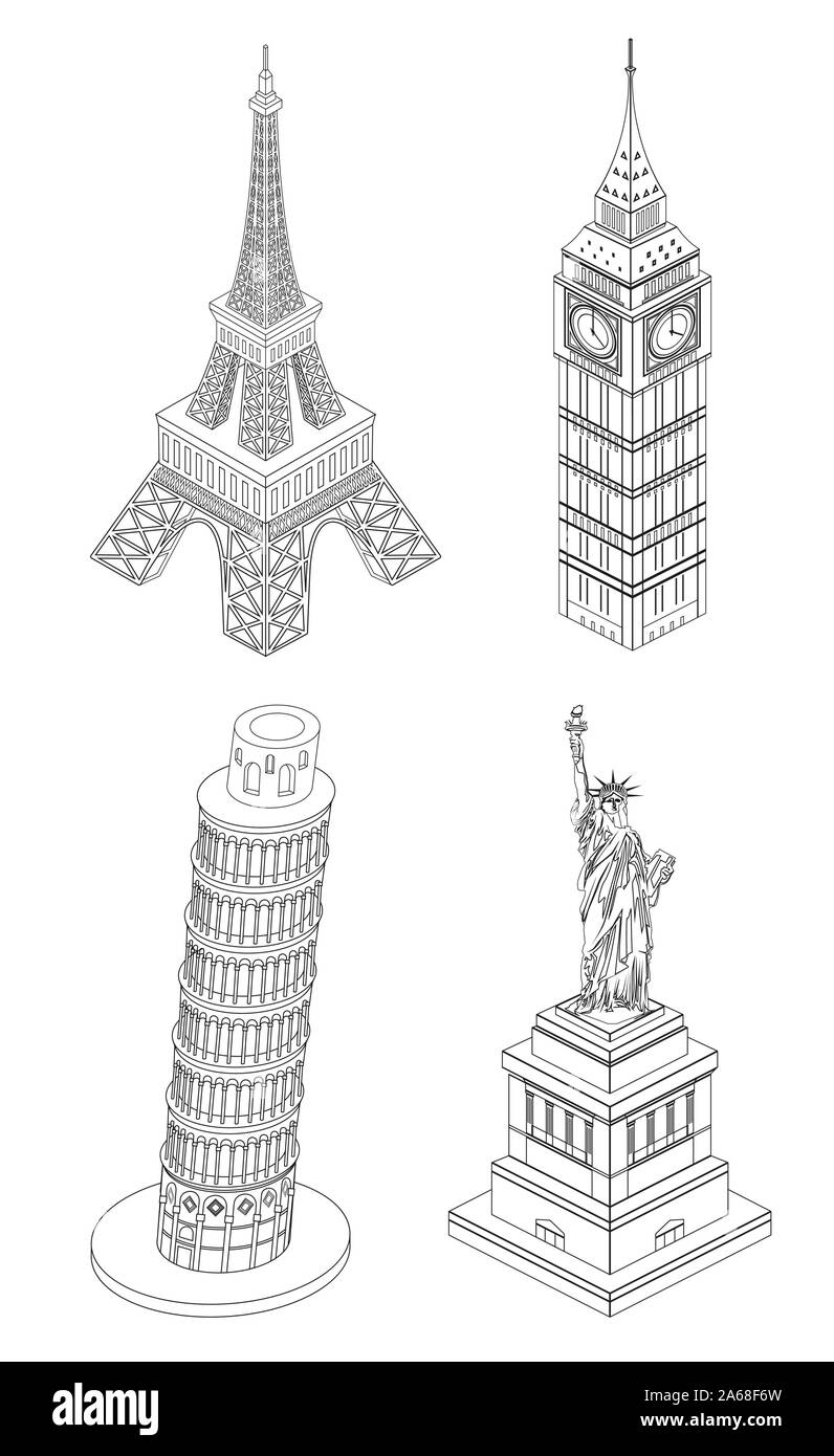 Ligne vectorielle style art illustration de sites célèbres du monde : la Tour Eiffel, Big Ben, la Tour de Pise, Statue de la Liberté Illustration de Vecteur