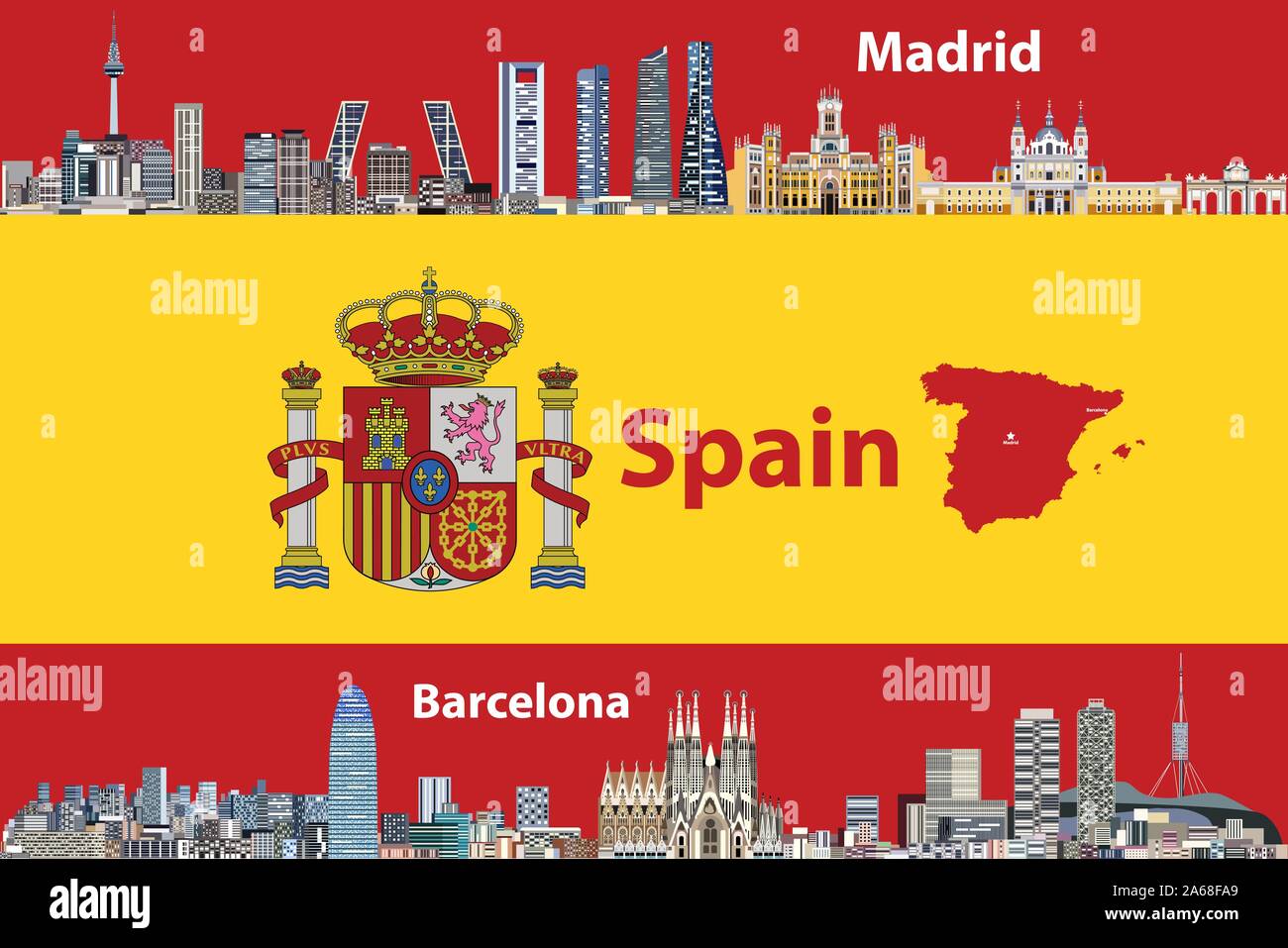 Vector illustration de Madrid et Barcelone à l'horizon de villes avec un drapeau et carte de l'Espagne sur l'arrière-plan Illustration de Vecteur