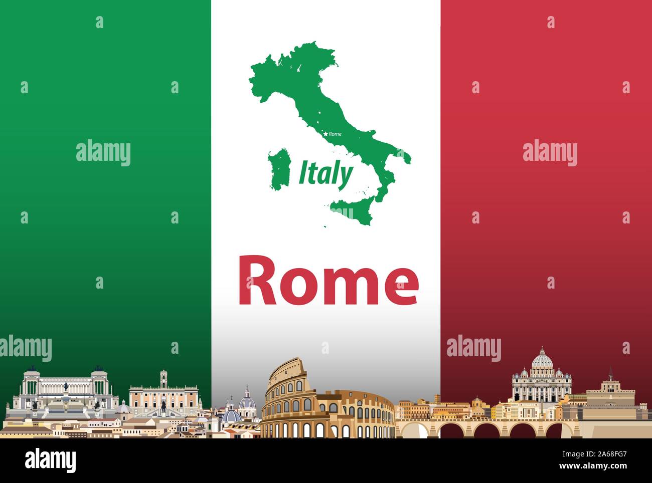 Voyage vecteur affiche avec Rome ville silhouette et drapeau italien sur la carte et contexte Illustration de Vecteur