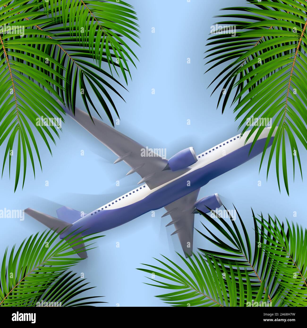 Vue naturaliste d'un avion volant dans le ciel sur fond de feuilles de palmier. Illustration de Vecteur