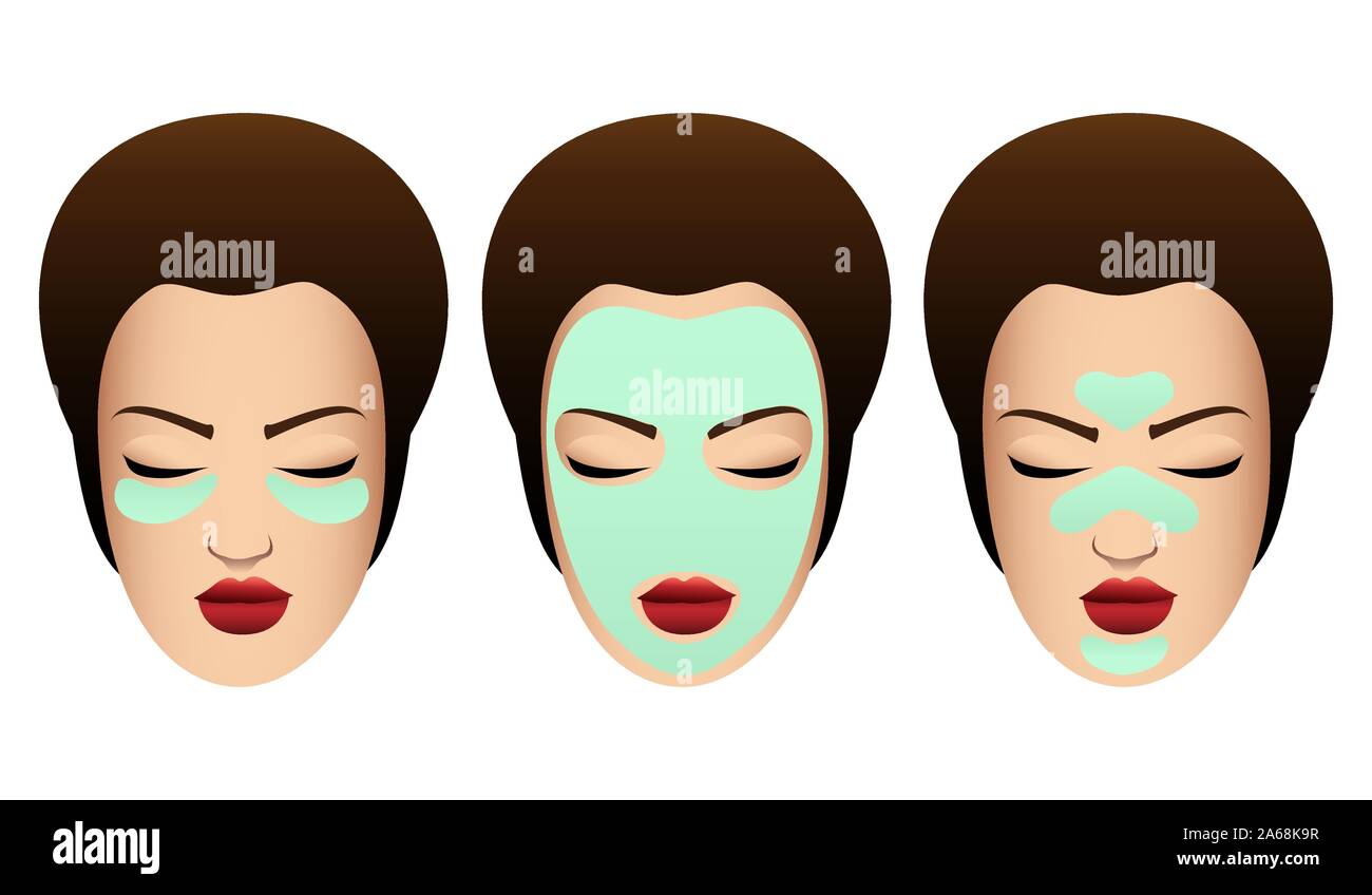 Série de visages féminins avec des masques de beauté variuos. Intervention cosmétique modèle. Vector illustration. Illustration de Vecteur
