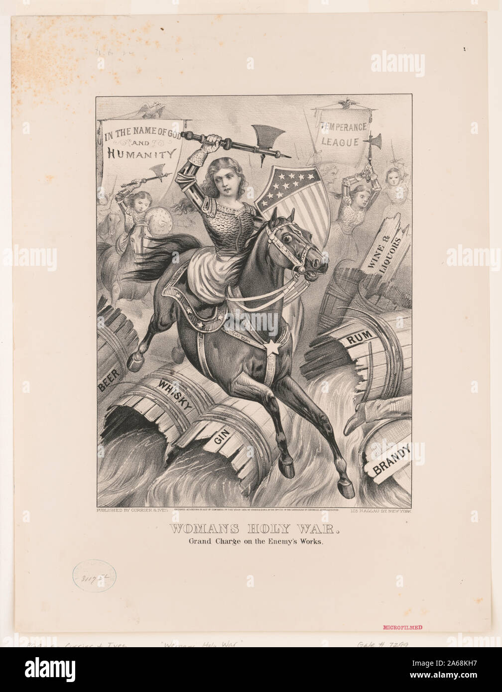 Femme de la guerre sainte. Grand frais sur les œuvres de l'ennemi Résumé : La guerre sainte était la dix-neuvième-siècle croisade pour la tempérance et l'interdiction, dont les partisans étaient en majorité d'église et les femmes. Ici une jeune femme en armure sur un cheval noir à la tête d'un groupe de femmes vêtues de même à pied et à cheval. Avec de grandes de haches elles brisent de barils de bière, de whisky, gin, rhum, Vins et Liqueurs &. La patte de l'homme en fuite est tout juste visible en bas à droite. Dans l'arrière-plan sont deux bannières : Au nom de Dieu et l'humanité et Temperance League. Banque D'Images