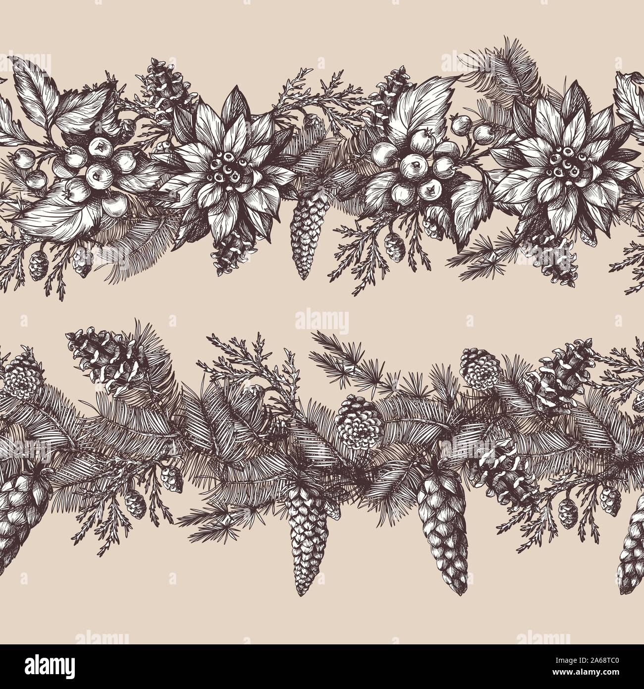 Motif de Noël transparente avec pine, baie de houx dans le style graphique. Illustration de Vecteur