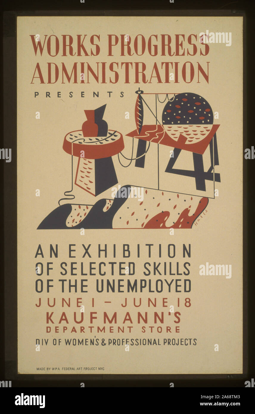 Works Progress Administration présente une exposition de certaines qualifications des chômeurs Résumé : pour l'affiche de la Works Progress Administration exposition d'oeuvres d'art à Kaufmann's Department Store, montrant la roue tournante et stylisée de potier. Banque D'Images