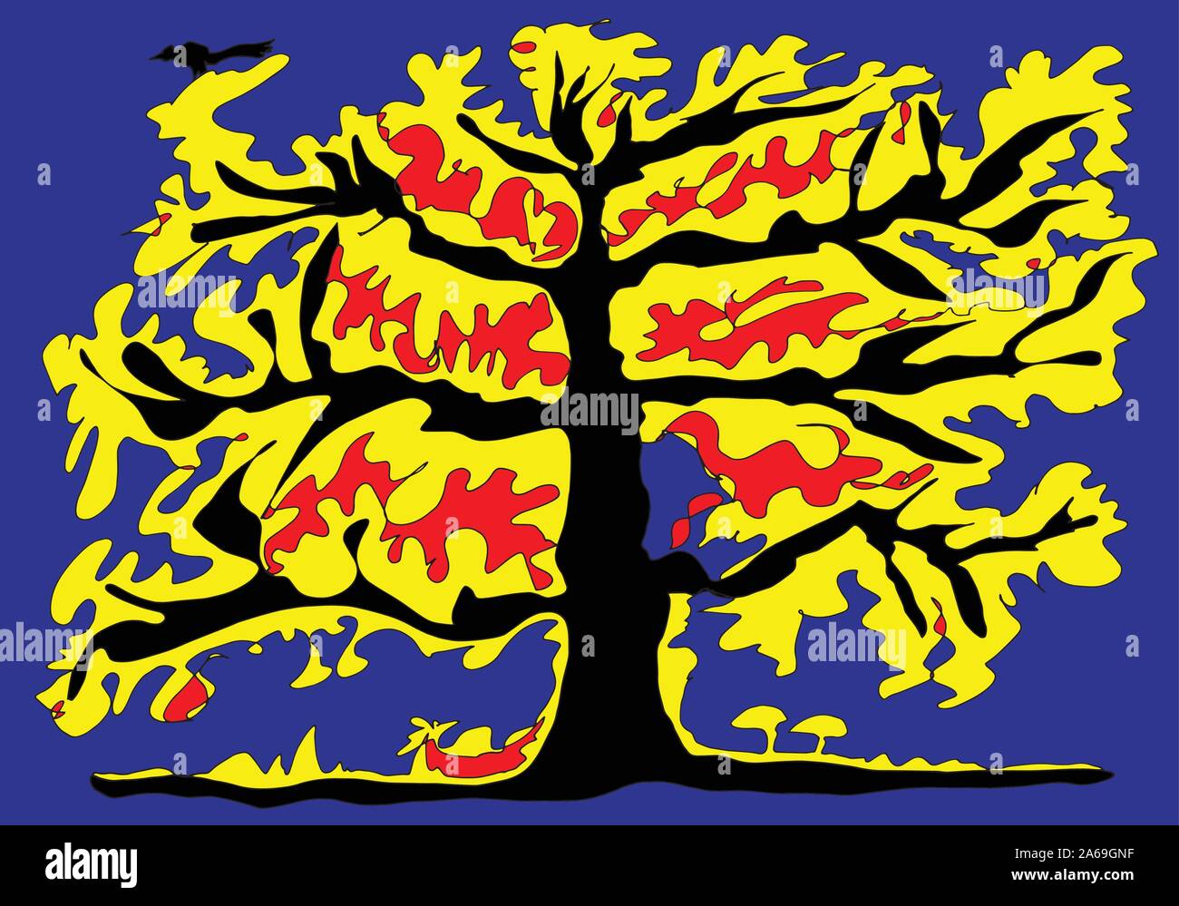 Arbre d'automne : un symbole de la Nature. Un rouge-jaune arbre avec tronc noir et d'oiseaux, écureuils et les champignons. Motif de tissu décoratif, papier peint. Illustration de Vecteur