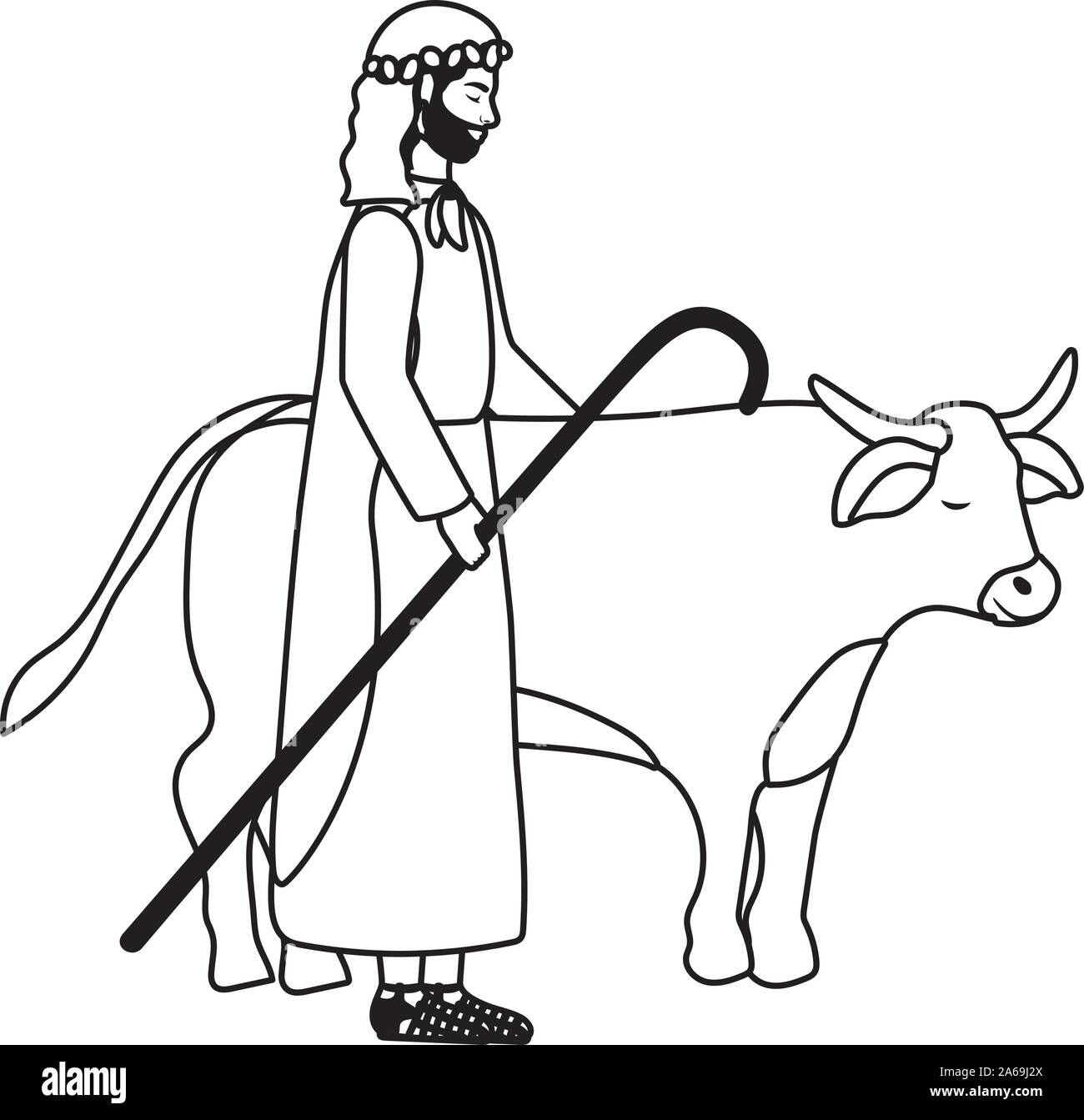 Saint Joseph avec ox caractères mangeoire Illustration de Vecteur