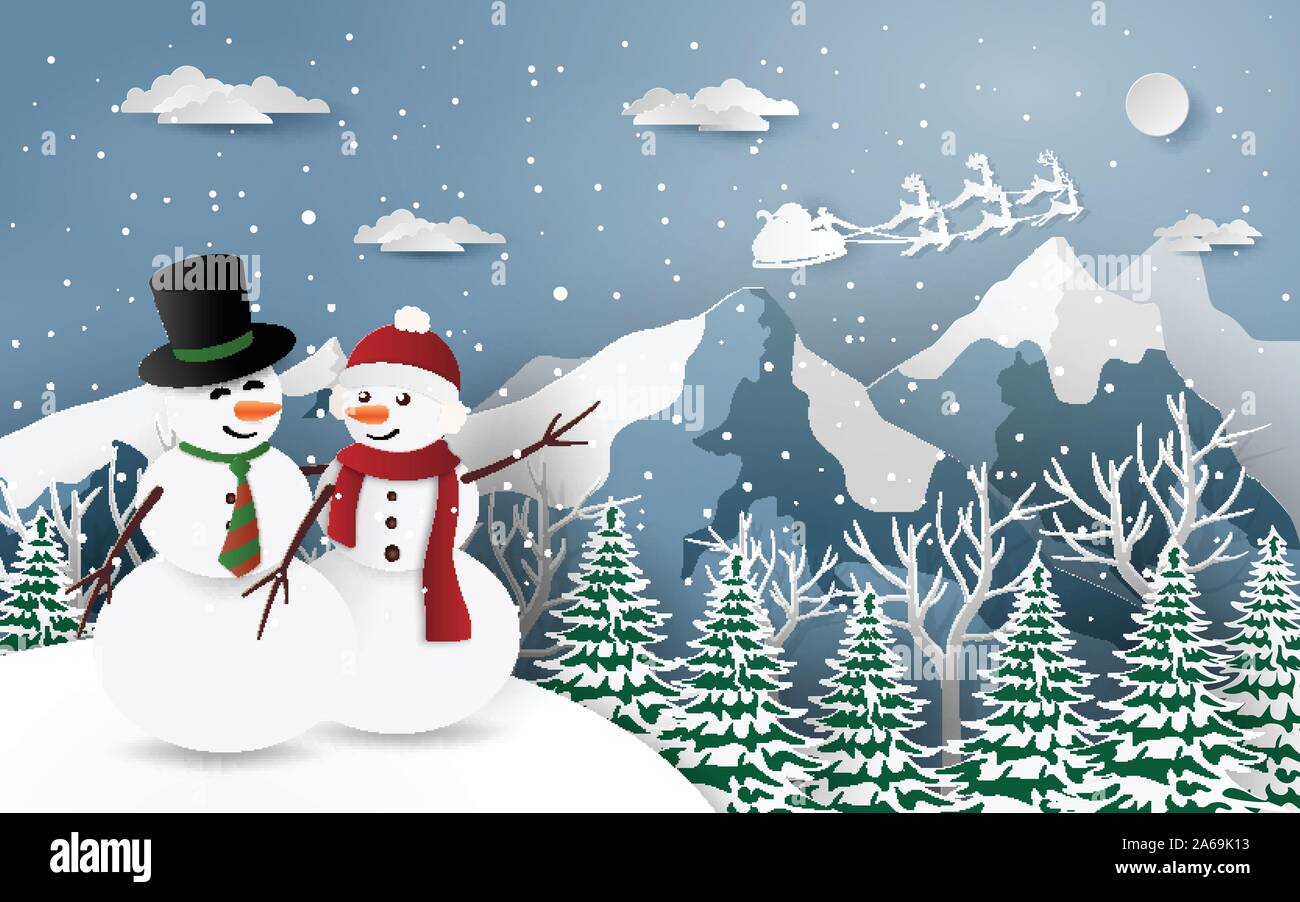 L'art du papier Craft, de style à la père Noël Bonhomme de neige dans la montagne, Joyeux Noël et Bonne Année Illustration de Vecteur