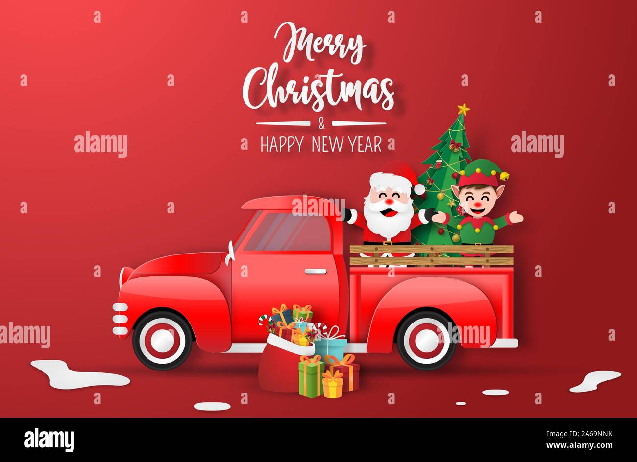 Papier Origami art de camion rouge de Noël avec le Père Noël et Elf, Joyeux Noël et Bonne Année Illustration de Vecteur