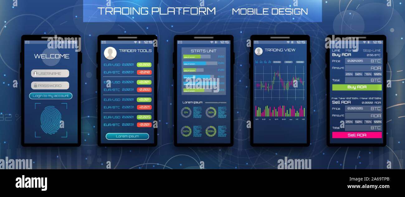 Services bancaires en ligne Cryptocurrency, interface utilisateur de l'application de la plate-forme mobile pour le travail, Trading - Vector Illustration Illustration de Vecteur