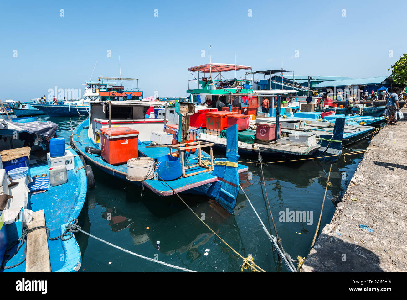 Male, Maldives - Le 16 novembre 2017 : Salon de poissons frais à Malé, Maldives. La pêche et le transport des bateaux sont amarrés au quai. La pollution des océans. Banque D'Images