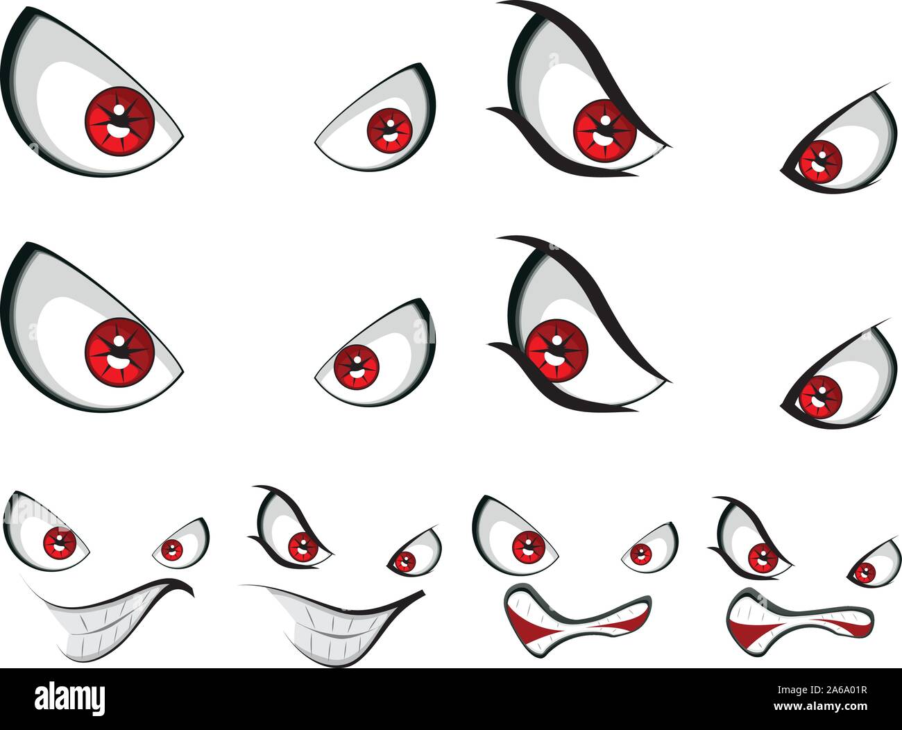 Quatre expression pour portrait dessiné avec de mauvais yeux rouges sur fond blanc. Illustration de Vecteur