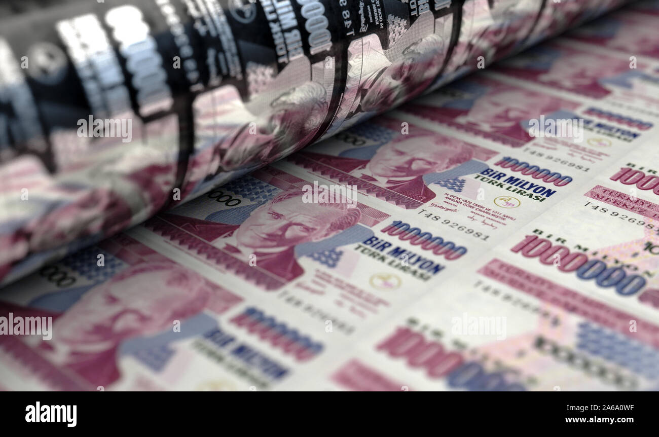 Un concept image montrant une feuille de notes lire turque, en passant par un rouleau dans sa phase finale d'un tirage - 3D render Banque D'Images