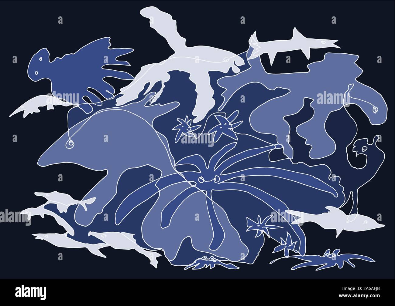 Mer et Ocean Life : dessin décoratif de la vie le monde sous-marin : art décoratif peut être utilisé comme une carte de vœux, papier peint, tissu motif. Illustration de Vecteur