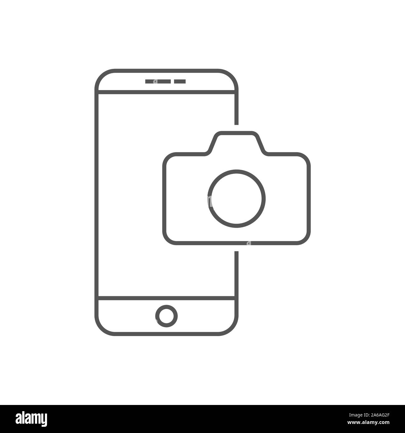 Photos de téléphone mobile sur l'icône de la ligne de l'appareil photo. Contours vector signe, style linéaire Les pictogrammes isolé sur blanc. Symbole de l'appareil photo du smartphone, le logo illustration Illustration de Vecteur