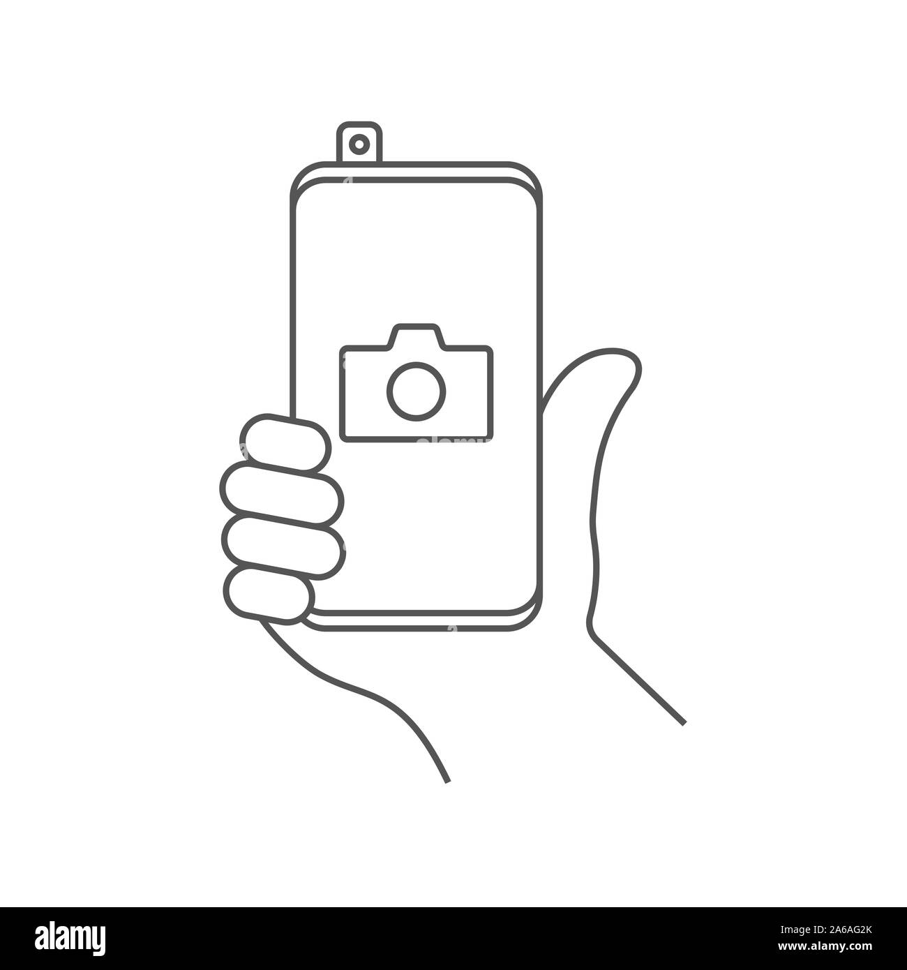 Photos de téléphone mobile sur l'icône de la ligne de l'appareil photo. Contours vector signe, style linéaire Les pictogrammes isolé sur blanc. Symbole de l'appareil photo du smartphone, le logo illustration Illustration de Vecteur
