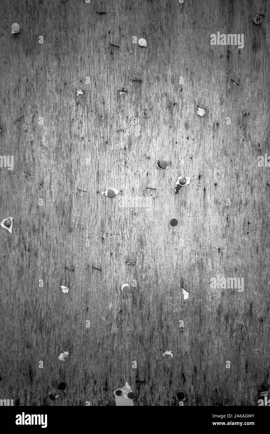 Vintage place bulletin board avec copie espace. Entre parenthèses, des boutons, des clous et des morceaux de papier sur une surface d'affichage en bois de la rue. Stre sale de Banque D'Images