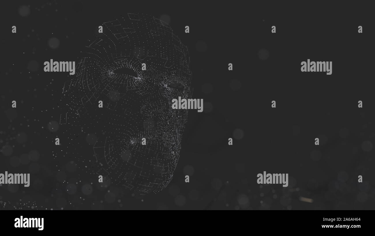 Visage humain composé de lignes et points lumineux. 3D illustration sur fond noir Banque D'Images